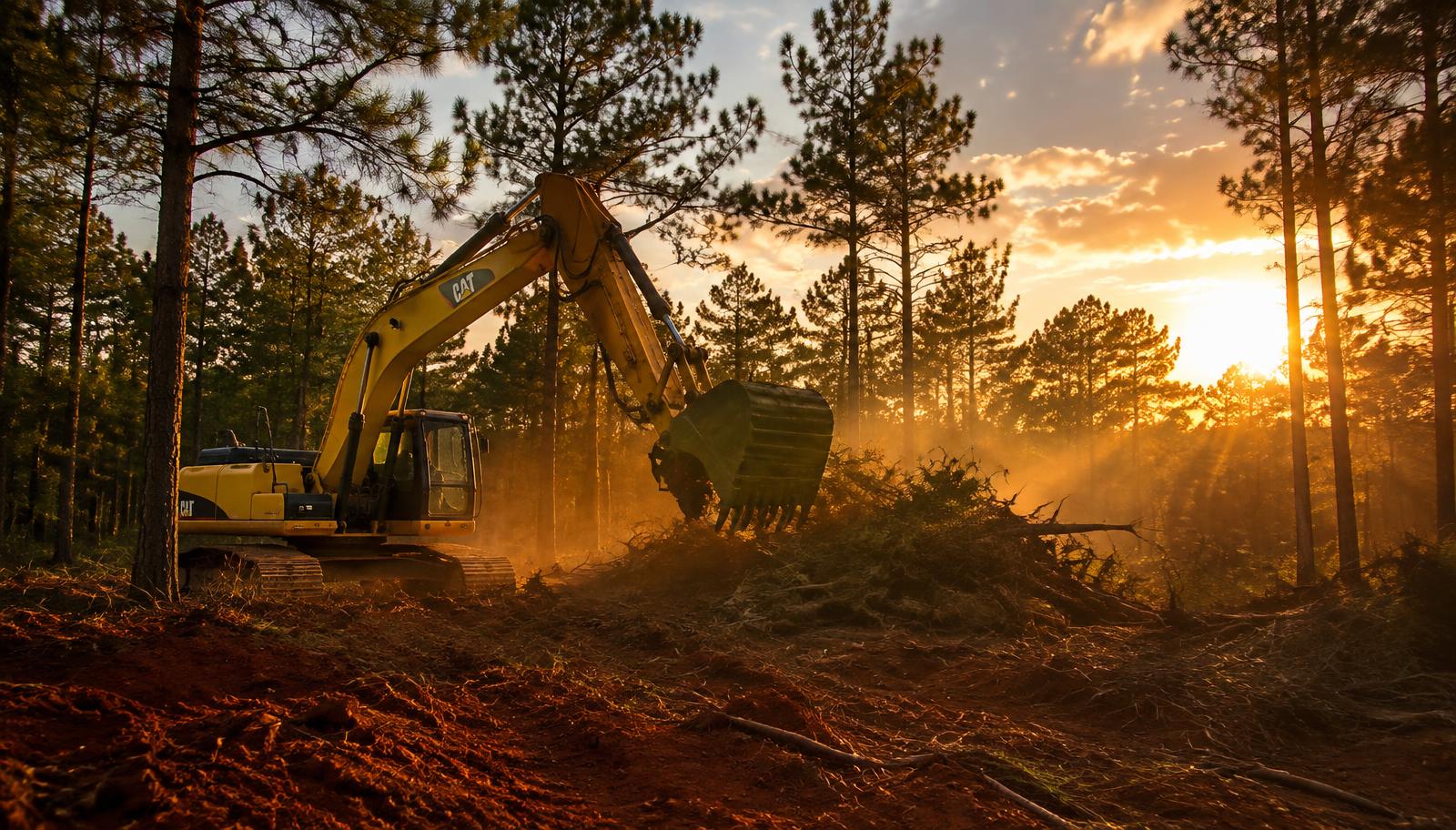 Excavator clearing pine land on red Georgia clay near Augusta